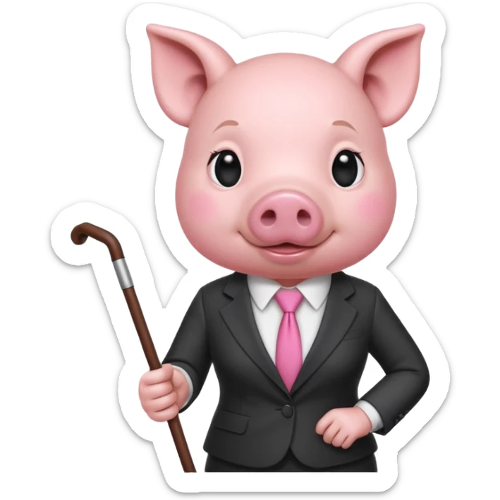 Female pig with hair wearing a suit and  a cane sticker