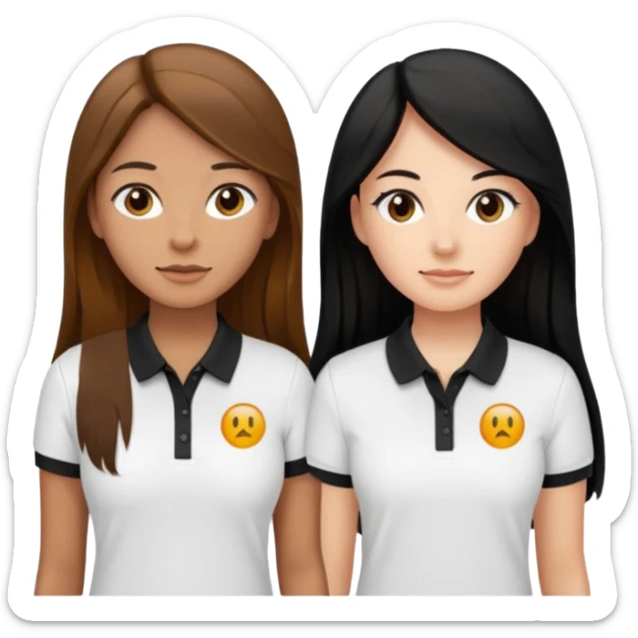 Dos mujeres juntas que una sea de color trigueña cabello largo castaño con una raya en medio polo blanco y de color blanca cabello largo negro polo negro, sticker