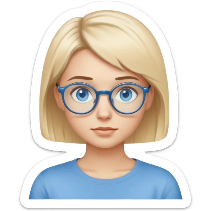 blonde girl with short haircut, blue eyes, beige T-shirt and blue eyes wearing rounded glasses sticker