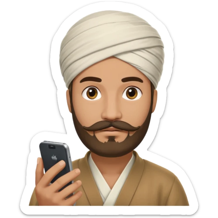 A man wearing imama sharif (traditional turban), with a beard and moustache, using a smartphone. The man looks focused while using the mobile. Realistic emoji-style illustration with soft lighting and warm tone sticker