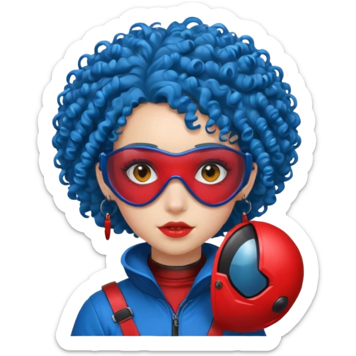 blue curly haired girl with huge earrings wearing red paintball helmet and eye protection, only face  sticker