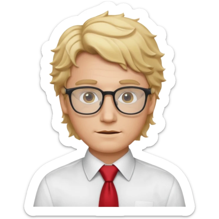 white man in white shirt, having red tie, blonde wavy hair, wearing glasses sticker