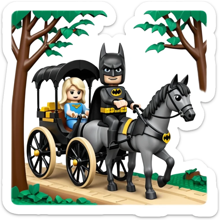  Ultra cute  Lego detailed 1854 Batman and pretty Catgirl driving a horse drawn family-size Caravan alone together on a romantic trail in the woods  sticker