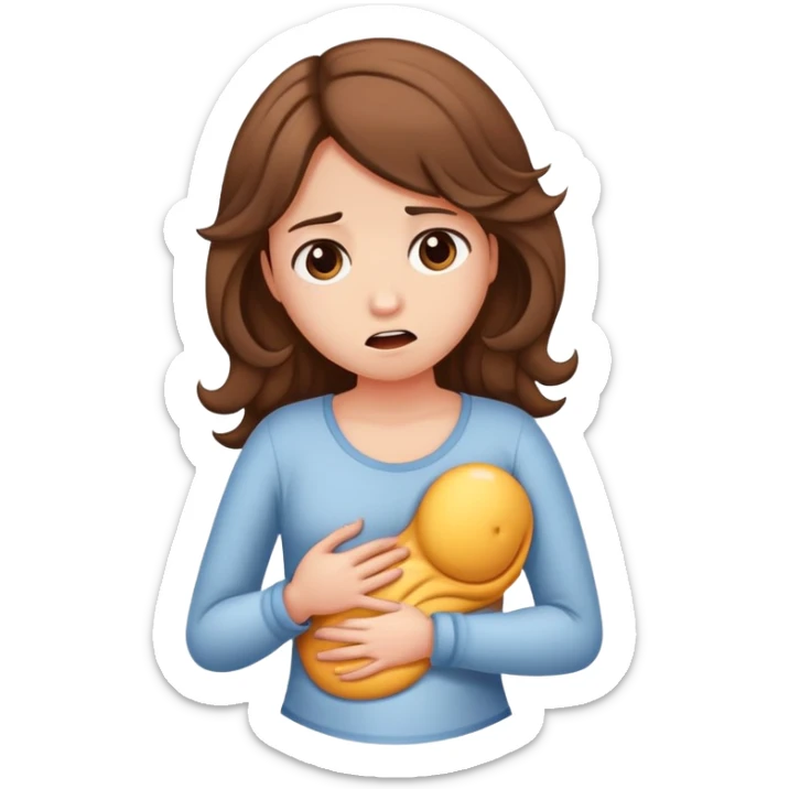 Girl with curled brown long length hair holding stomach in pain sticker