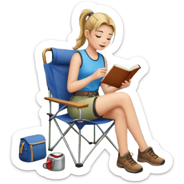 A pony tail hair woman journaling on a camping chair, enjoying the quiet nature scene. sticker