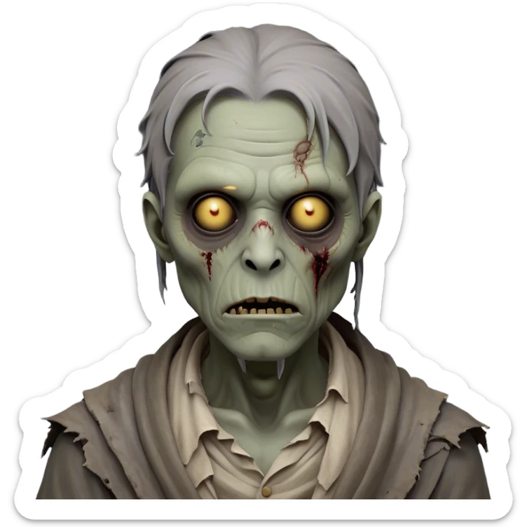 Cinematic Noble Zombie Portrait Emoji, Surprisingly dignified and somber, with a decaying yet strangely regal visage in ashen grays and muted tones, draped in tattered attire hinting at a lost grandeur, simplified yet meticulously detailed, glowing with a soft, eerie radiance and a gentle outline that evokes the tragic nobility of the undead! sticker