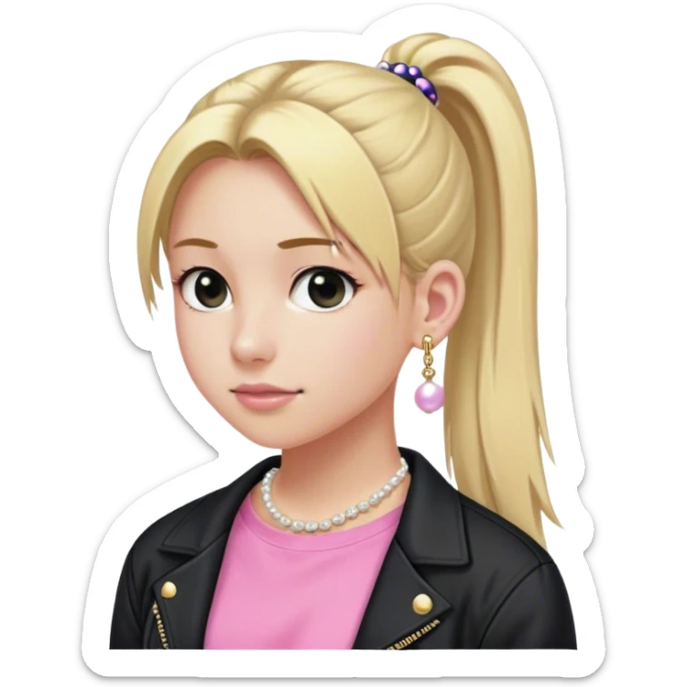 High school white girl with long blonde hair hair tied into a ponytail. Wearing a pink tee shirt with a black jacket and pearl stud earrings. She’s also wearing a short, dainty and girly (maybe 16”) gold chain sticker