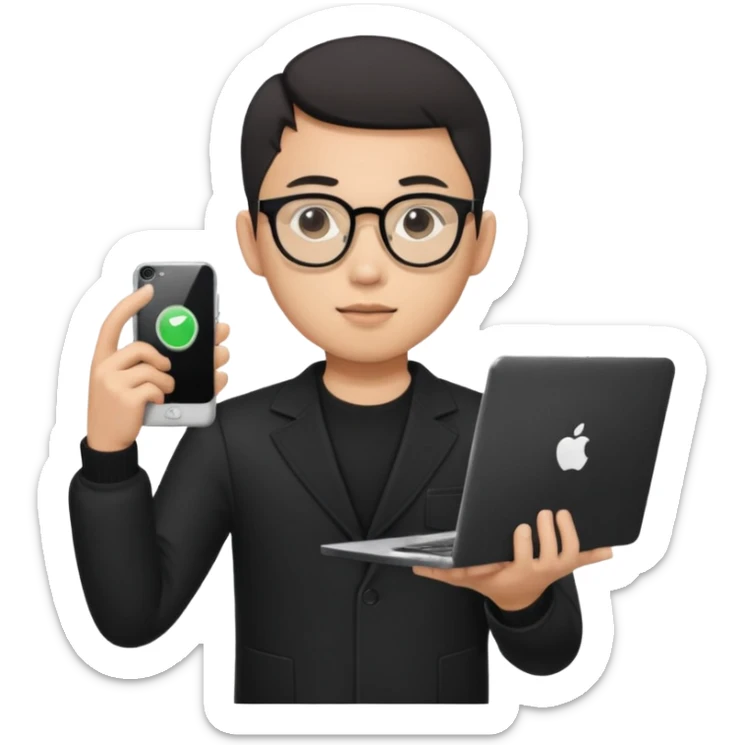 a asia man guy his 20s wearing an apple notebook, wearing bodyguard radio operator, round glasses, blAck clothes sticker