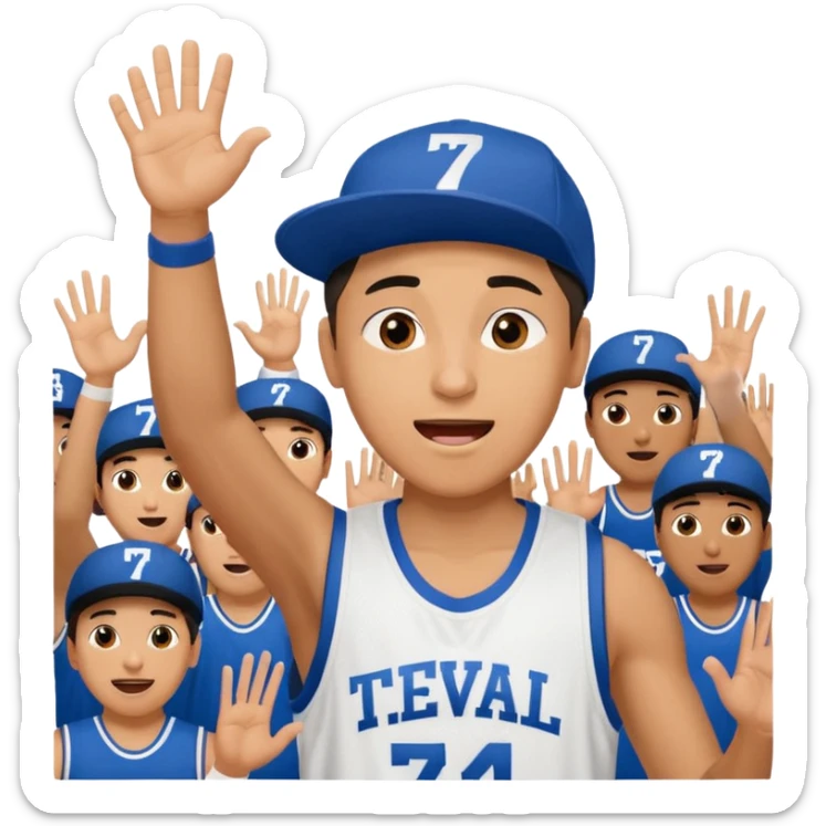 Maverick Trevillian in the crowd at an amateur basketball game. He leans towards the camera and enthusiastically shouts "six seven while performing a distinctive hand gesture: both hands open, palms facing upward, moving up and down as if weighing two options. sticker