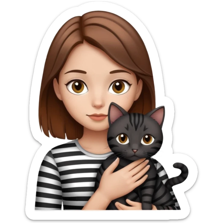 Tan brown hair girl holding a black cat and grey striped cat sticker