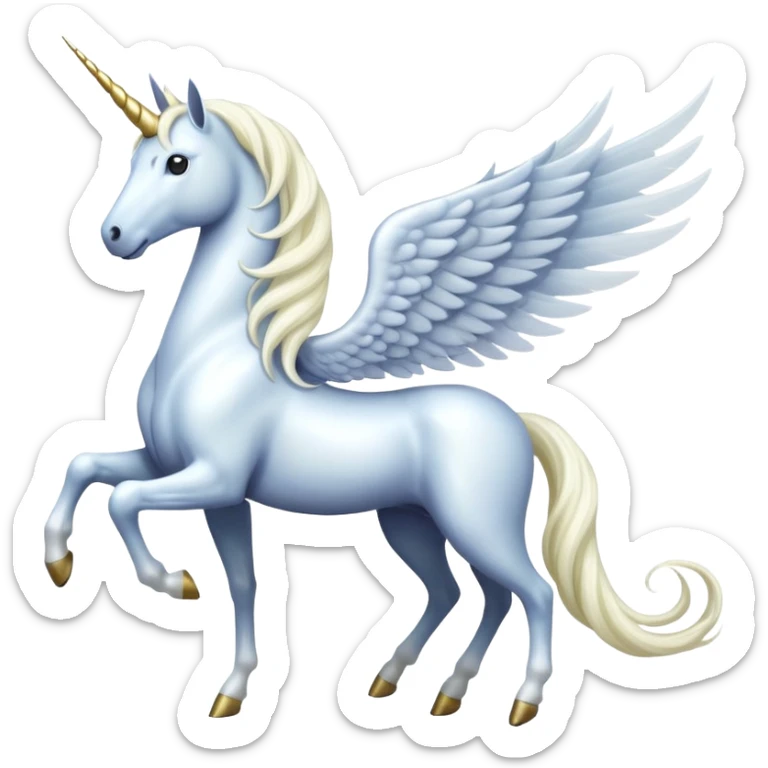All white Cinematic Noble Unicorn with wings, slender with a flowing mane and tail and spiraled horn sticker