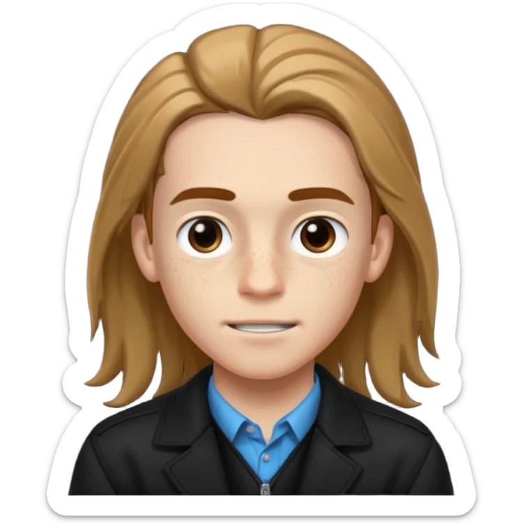 Un chico con pelo largo, que le llegue hasta las cejas, tiene pecas, brackets, ojos cafés oscuros y con una chaqueta negra sticker