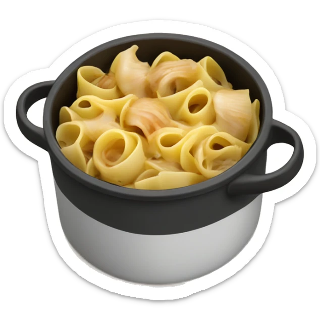 French onion pasta with chicken in a pot. The pasta are shaped like little shells sticker