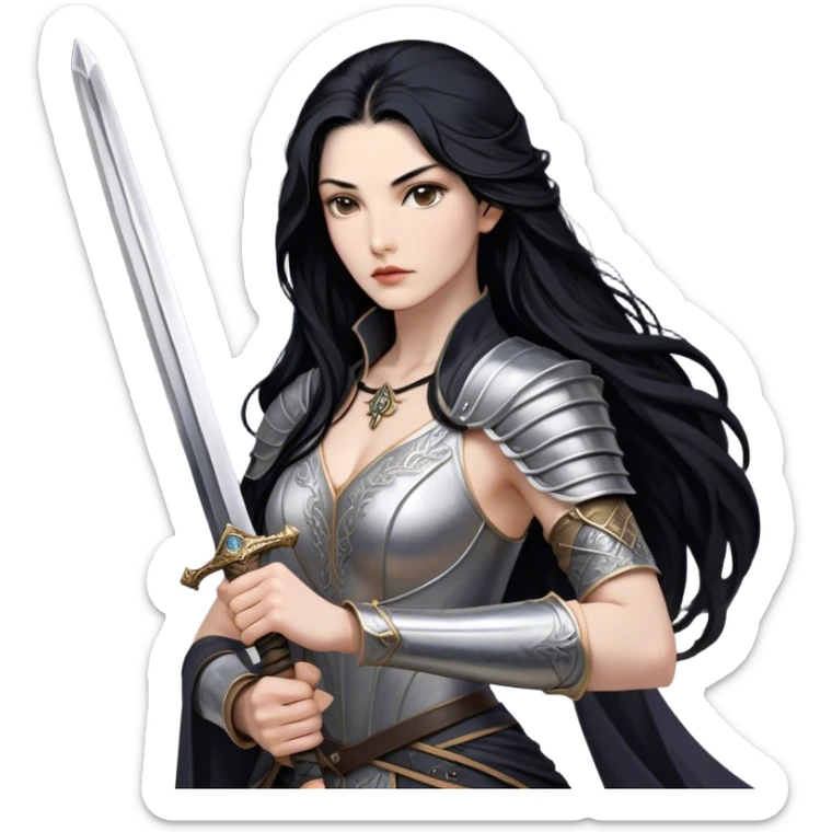 Cinematic Realistic Mulan Portrait, depicted with lifelike skin texture, soft natural lighting, and intricately detailed long black hair styled elegantly. Her deep, expressive eyes exude determination and grace, complemented by a serene yet confident expression. She stands with one hand resting on the hilt of her sword, the other by her side, exuding strength and poise. She is dressed in her classic attire, with rich fabric textures and delicate folds that catch the light beautifully. The portrait features a soft, enchanting glow with a natural, radiant finish, capturing the essence of timeless strength and beauty in a realistic and painterly style, evoking a sense of depth and authenticity. sticker