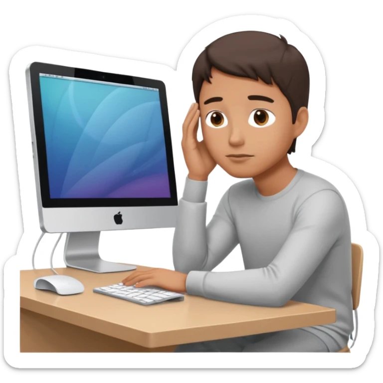 emoji of a man sitting at the table with an imac on it, a man is sitting in a very thoughtful pose, he has his hands on the table and his head resting on themб he look into the screen of imac sticker