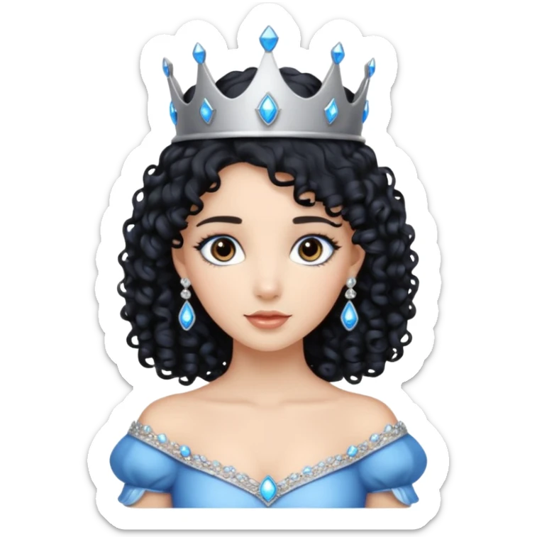 Por favor hazme el emoji de la princesa pero con el pelo negro y rizado, los ojos marrones y la corona plateada con jollas azules sticker