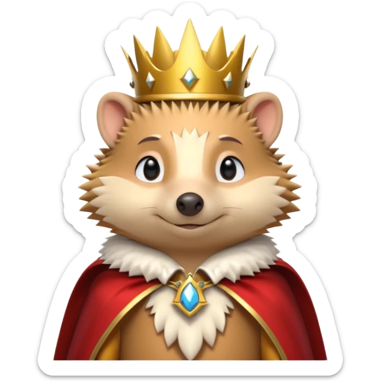 king hedgehog portrait, head and shoulders only, wearing a small golden crown, royal cape collar, proud confident expression, cute spiky fur details, fantasy royal vibe, 3D cartoon, mobile game icon style, clean background, no text, no watermark
 sticker