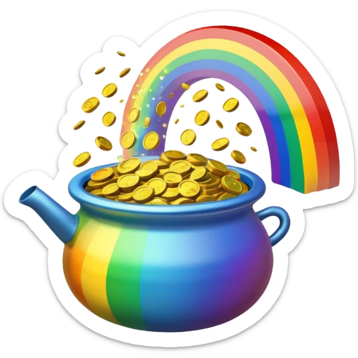 A rainbow emoji with a pot of gold at the end. sticker