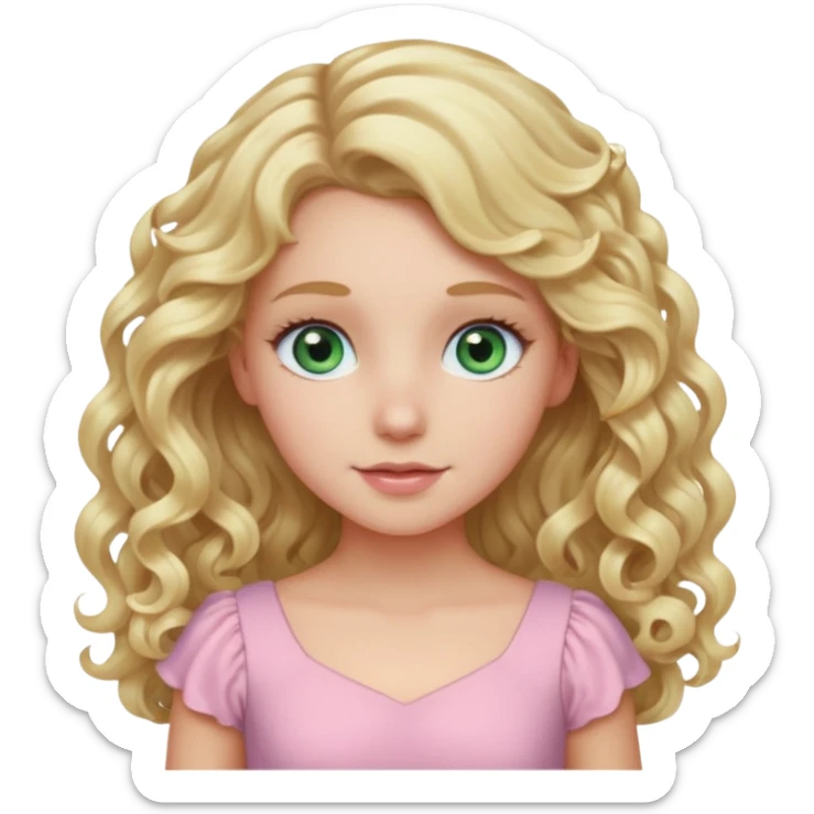 A white girl with long blonde curly hair and blue and green eyes wearing light pink sticker