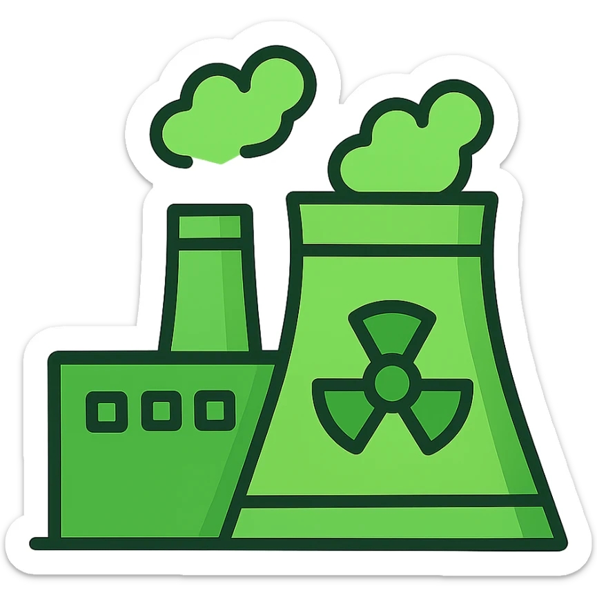 minimal flat icon of a nuclear power plant with cooling towers, simple shapes, green energy vibe sticker
