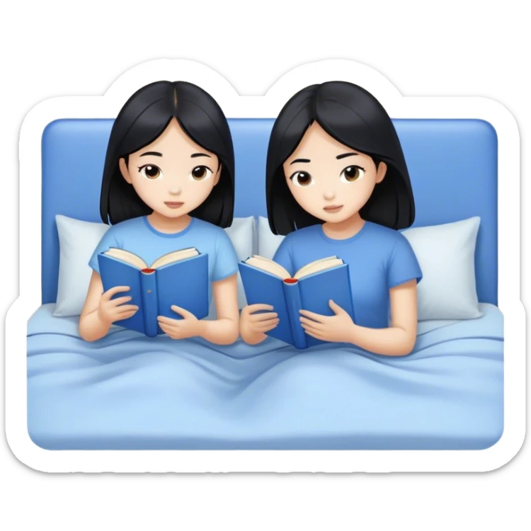 two asian girls black hair on the bed reading blue books sticker