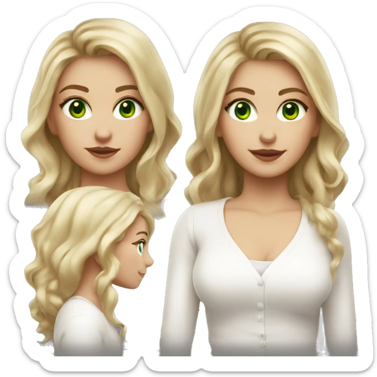blonde balayage hair woman, green eyes, white cardigan white shirt  sticker