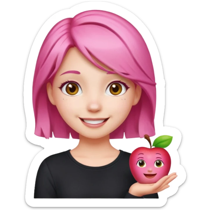 cute pink haired girl with cheerful pose and cute accessories. apple emoji style sticker