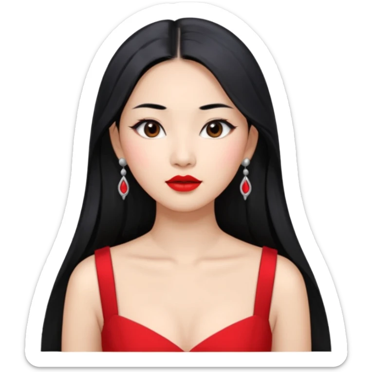 30 yr old asian woman, middle parted straight long black hair, very pretty, fancy grey dress, earings, red lipstick, silver earings sticker