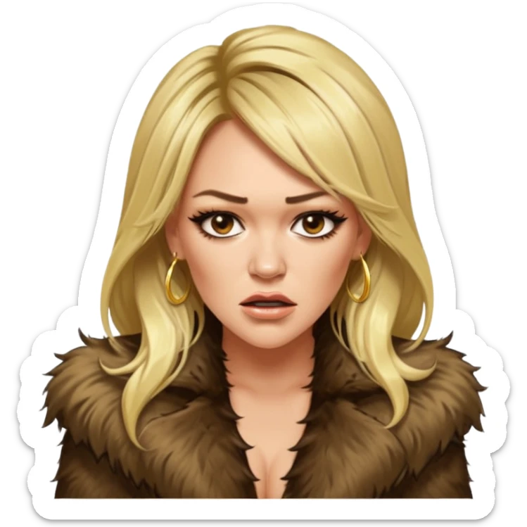 Cinematic Realistic Ultra HD - very Angry High Nose - Glamor Plunge Hilary Duff Extreme Long Long Hairstyle in Shaggy Fur Coat with Gold Flash sticker
