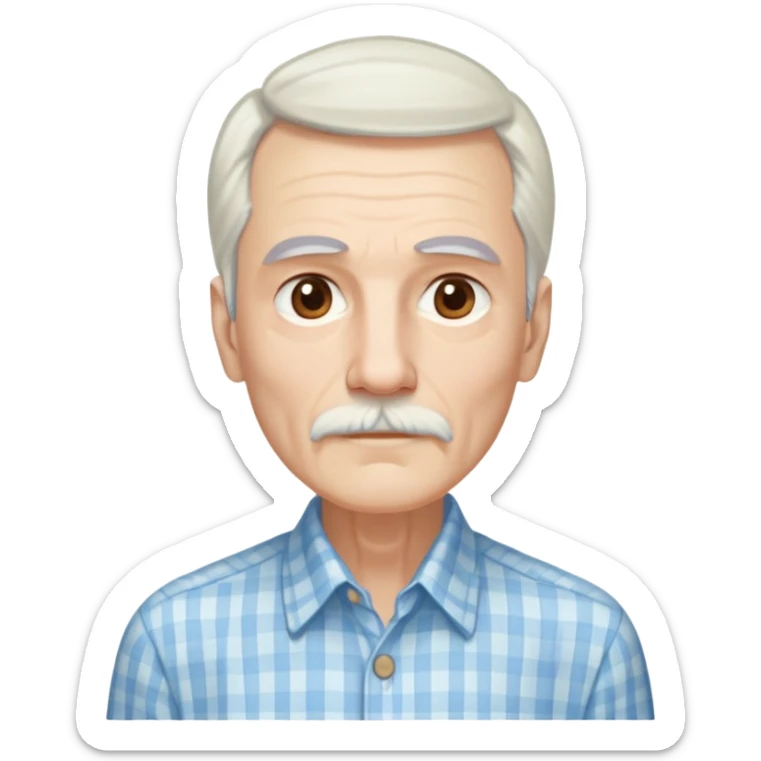 Skinny man in his 70s with fair skin. Long narrow face. Gentle light brown eyes. Long, flowing straight white hair reaching past shoulders, with light bangs. Thin eyebrows. White goatee connected to mustache. Slender appearance. Wearing a light blue and beige checkered button-up shirt. sticker