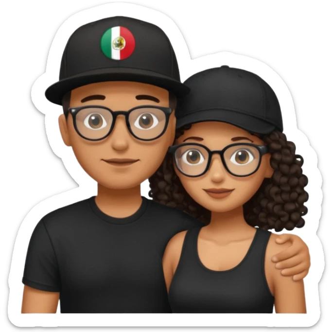 A picture of an embracing tanned couple. the man is a Mexican man with tanned skin, with a bald hair cut wearing a SnapBack hat and a black shirt. the woman wearing black glasses, with long curly dark brown hair and with big boobs.  sticker