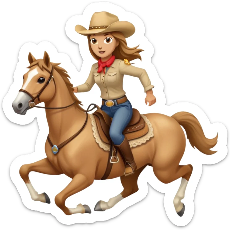 palomino horse running with a woman rider with brown hair and a cowboy hat sticker