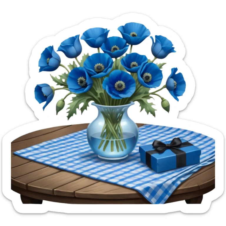 A lush bouquet of bright blue poppies black satin ribbon, resting on an antique wooden table, with a pale blue plaid pattern table cloth sticker