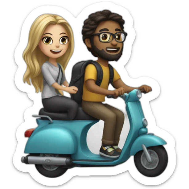 boy with long hair tied in a bun, beard, and glasses, riding a black scooter with a girl on the back sticker