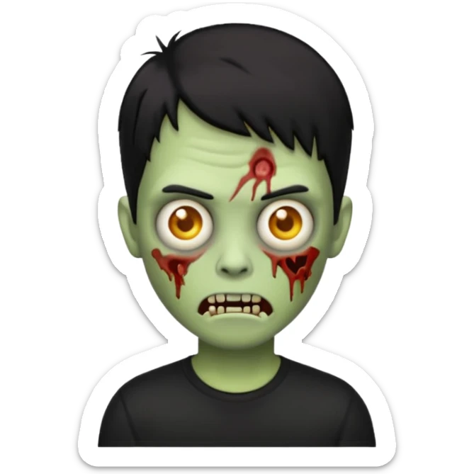 zombie iPhone emoji with buzz cut short black hair and black t-shirt sticker