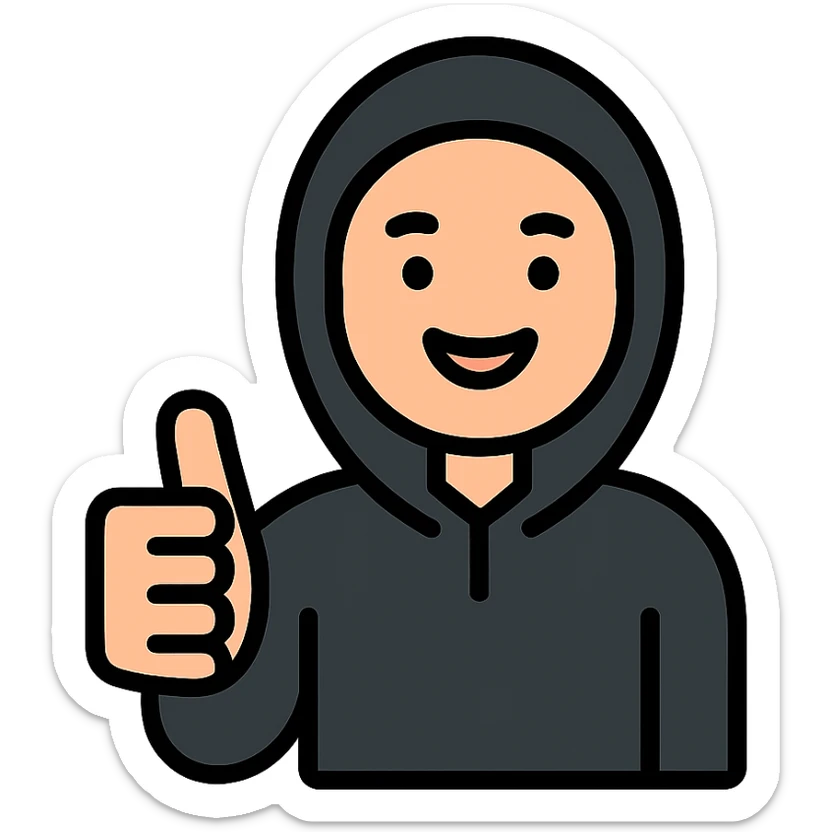 person in black hoodie giving a thumbs up, smiling, modern icon style sticker