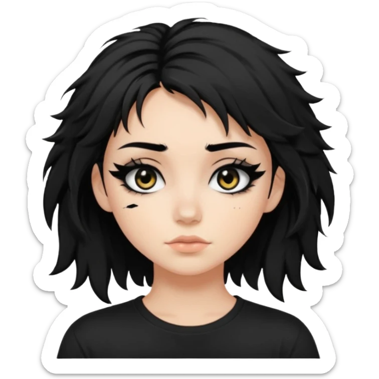 a pretty bratz fair girl with messy shaggy black hair with mascara smudged wearing a tight black tee sticker