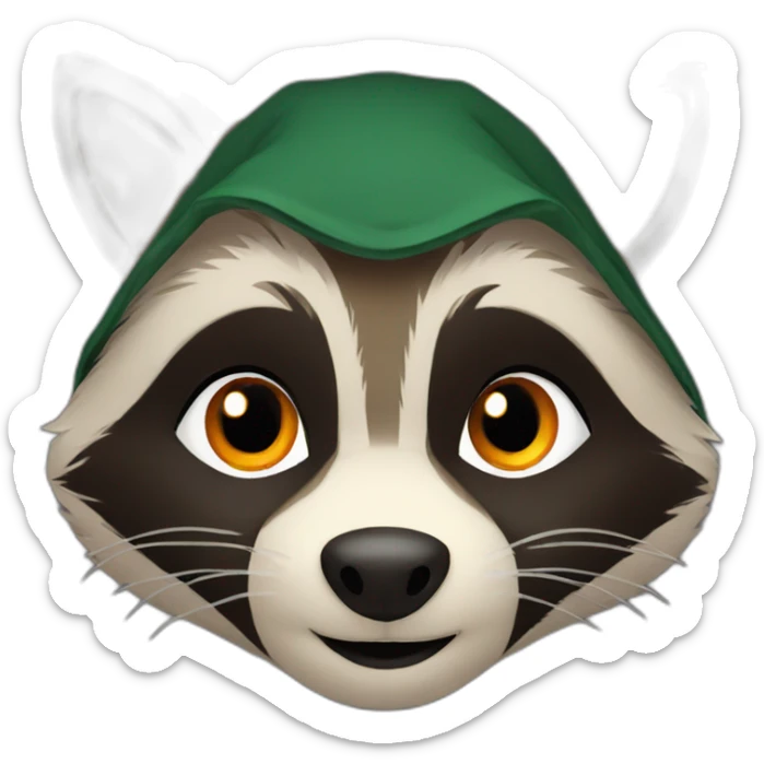 brown raccoon with orange eyes and a dark green hood that smile sticker