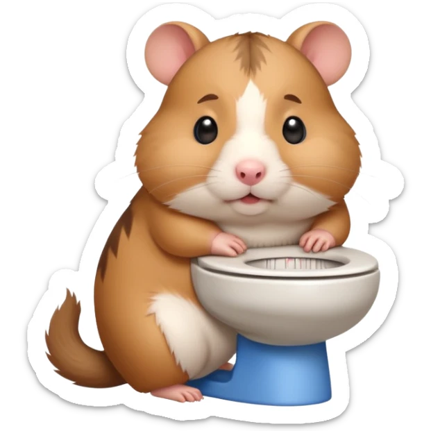 Cute chubby cartoon-style hamster sitting on toilet pooping looking as if he had an accident sticker