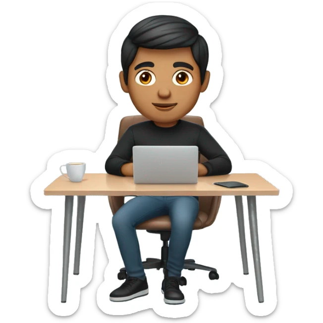     memoji of a man with a laptop in front, apple-style,modern,dark hair,black sweater,computer in hand, Indian brown skin, sitting on his desk with light blue gradient background sticker