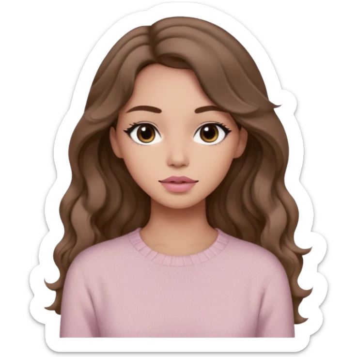 a woman with beige knit long sleeve top, her hair is long wavy brown hair, her face is soft girl style, her eyes color are black and the color of her lip is soft pink sticker