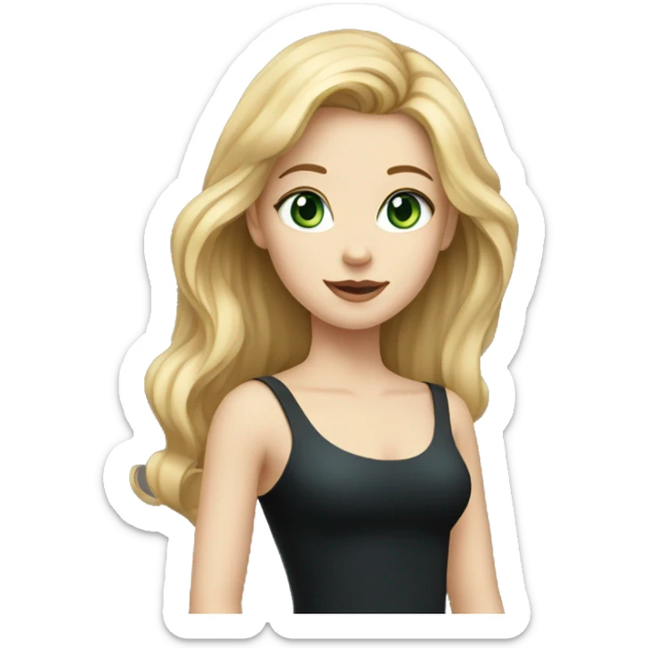 Girl with black dress and dirty blond hair and blue-green eyes and white skin sticker