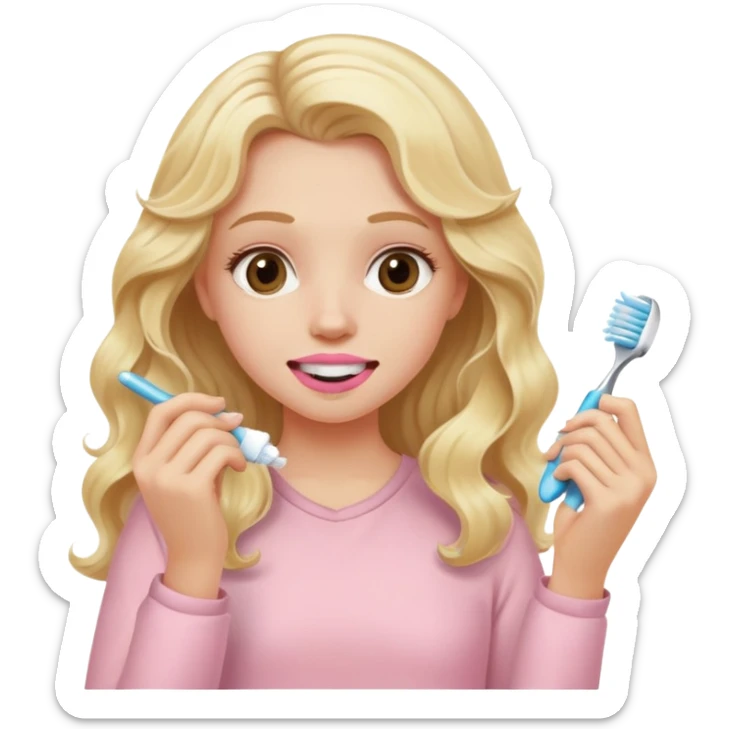 A white girl with long blonde wavy hair in pale pink clothes brushes her teeth sticker