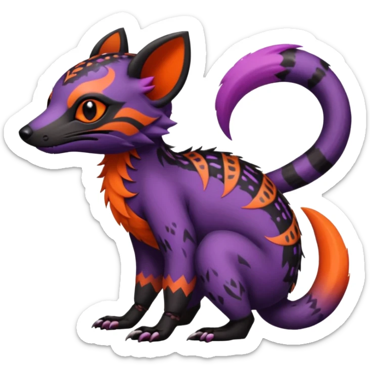 Rare warm-colored exotic gloomy tropical edgy cute epic aesthetic spooky  gothic colorful Salandit-Noibat-Civet-species-Fakemon-hybrid-creature, with tribal tattoo markings, full body sticker