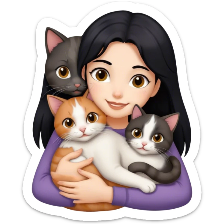 happy girl with black hair hugging three cats  (dark calico cat, gray cat, brown calico cat) sticker