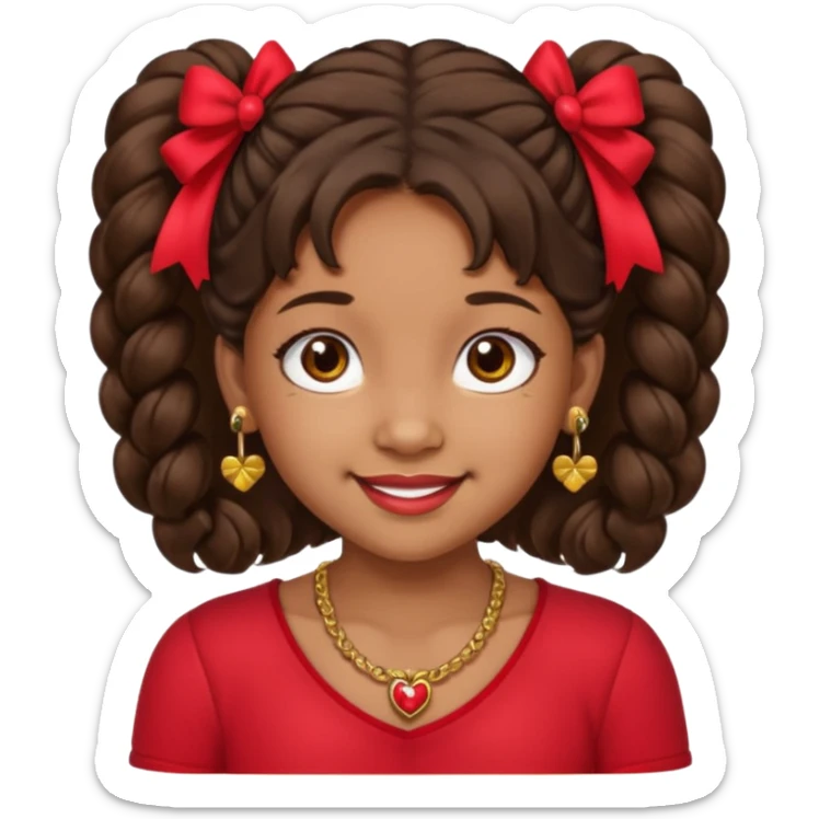 Brownskin girl dark brown hair fluffy. pigtails with red bows brown eyes smiling closed mouth red shirt gold esrrings gold necklace sticker