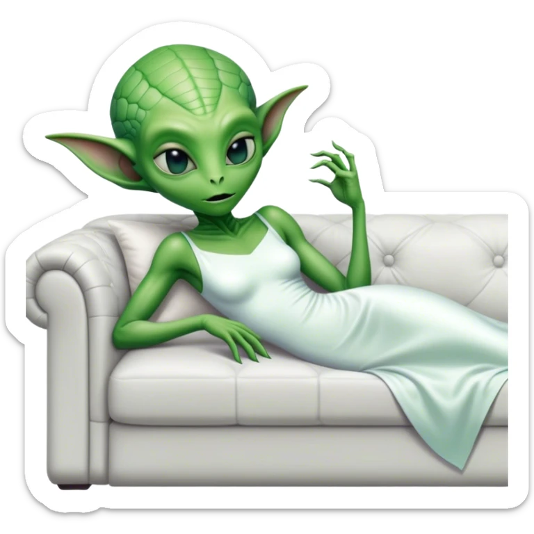 hyper-realistic reptilian green alien woman, in white dress, lie on couch comfy sticker