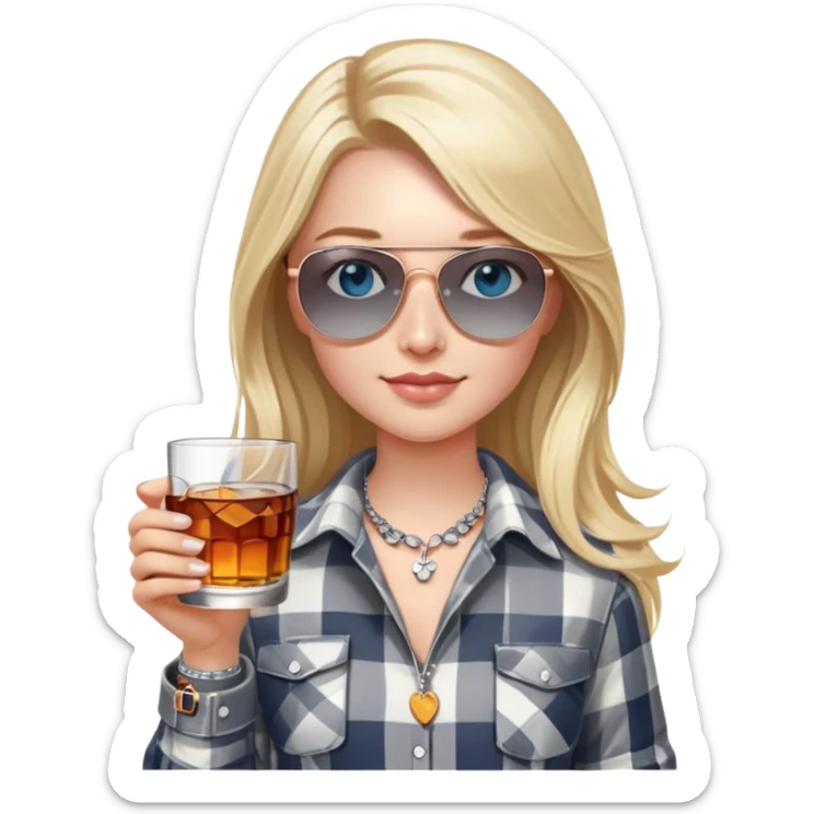 girl
blue eyes
long blond hair with daisy in it
wearing grey/white plaid shirt
wearing aviator sunglasses
wearing silver necklace around her neck
holding a glass of whiskey 
wearing rose gold apple watch  sticker