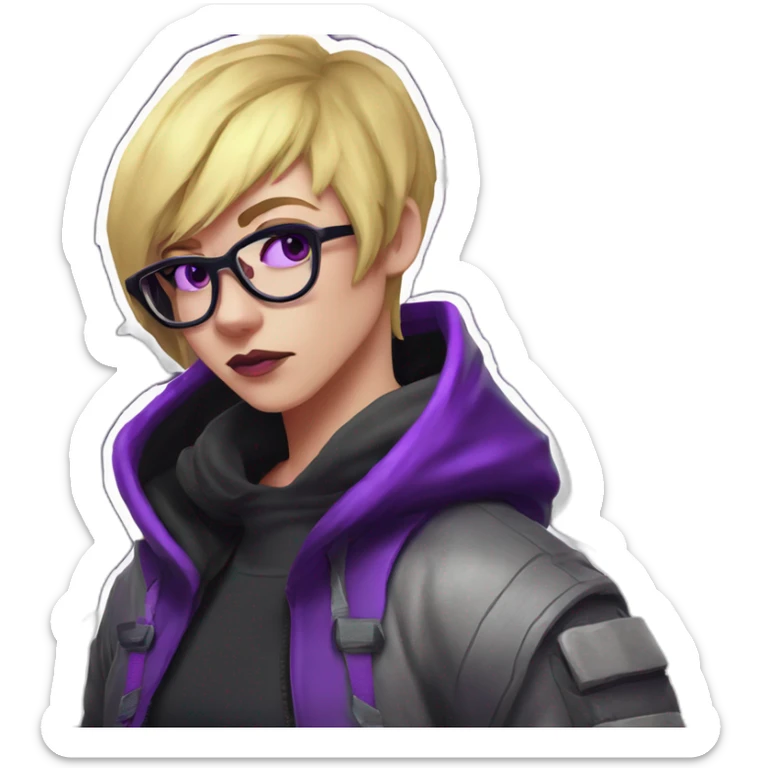 Girl blond artist with round glasses left side behind his laptop with this style: valorant riot Game purple character purple black hooded hacker themed character sticker