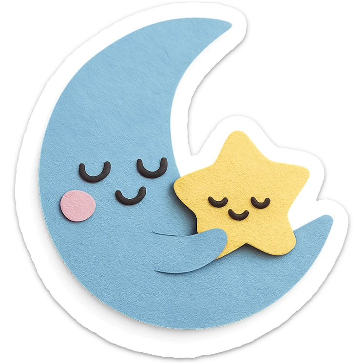kawaii sleepy blue moon snuggling a tiny plush star, no arms, no legs, full body, soft pastel colors sticker